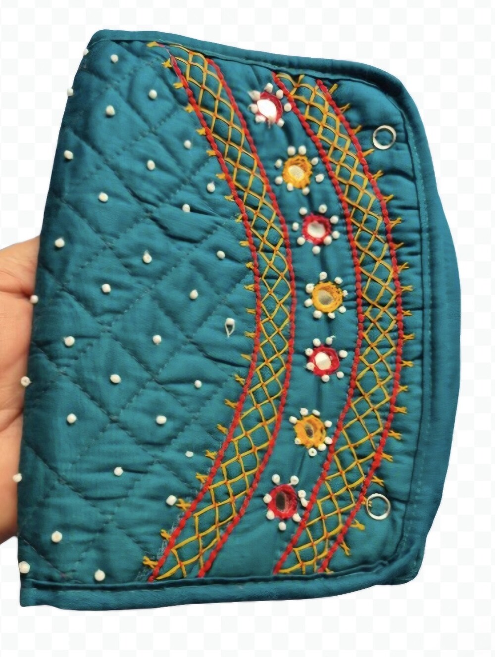RFID Blocking Green Cotton Embroidered Mini Mirrored Wallet,Banjara 8"×6"